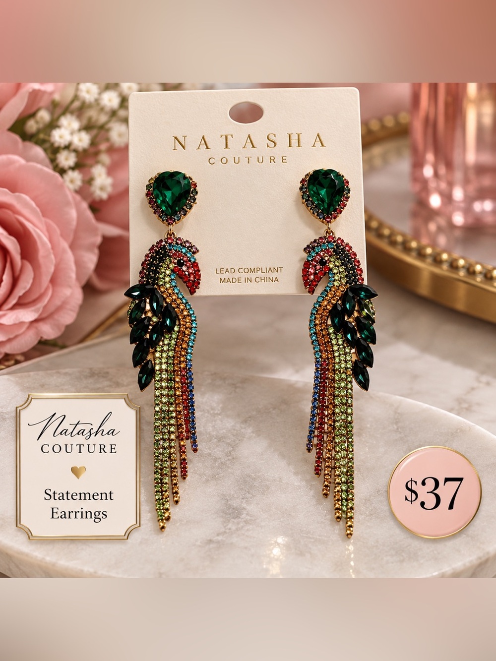 NWT Natasha Parrot statement Drop Earrings